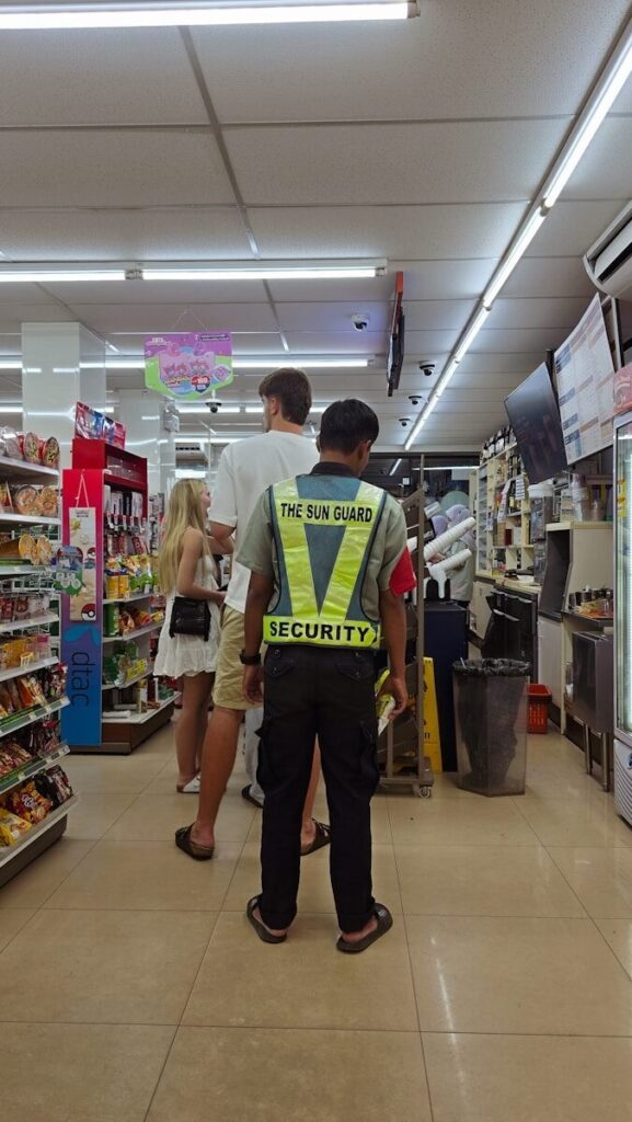 Security guard in a store with customers