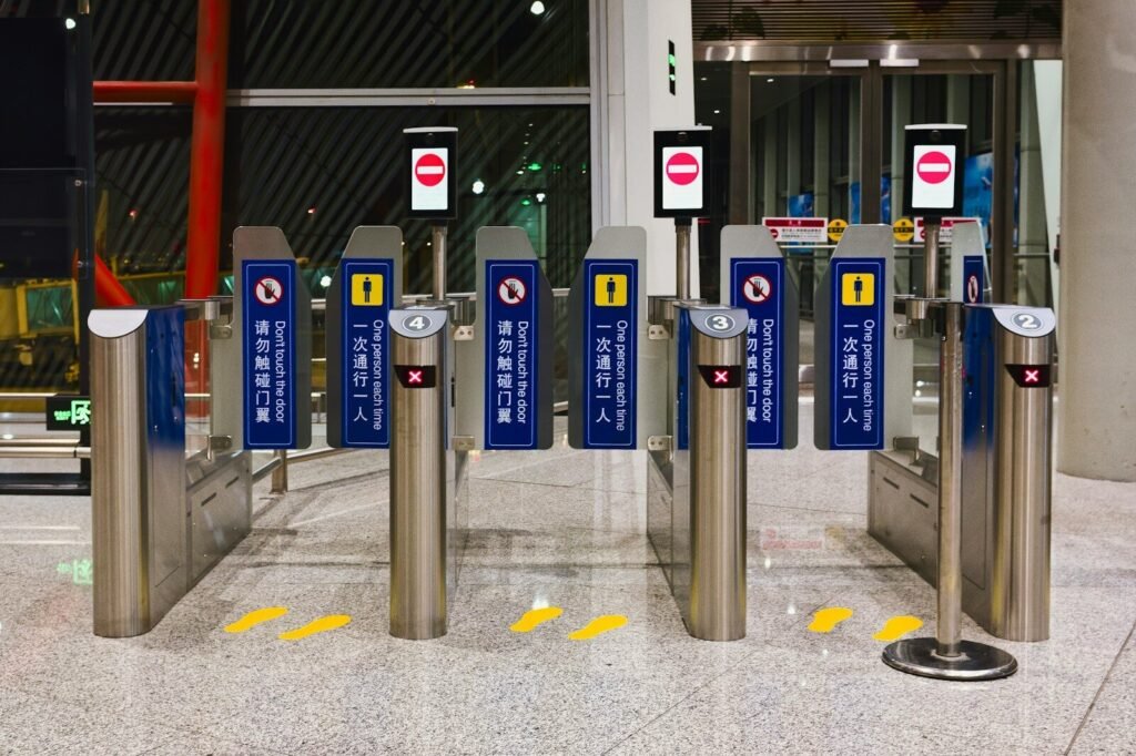 Automated security gates in a modern building entrance